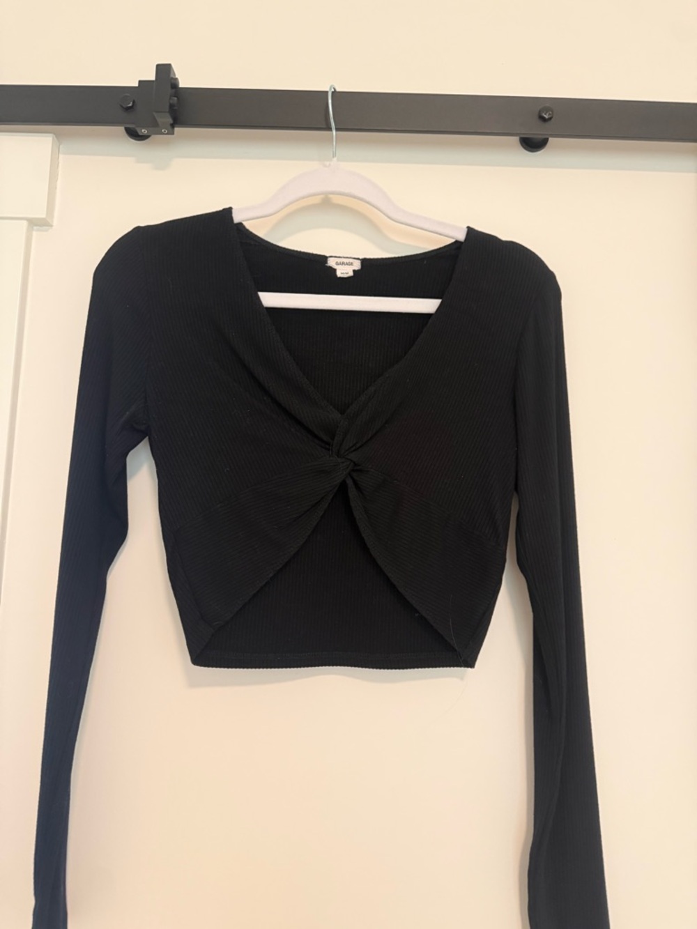 Garage Black Ribbed Twist-Front Long Sleeve Crop Top
